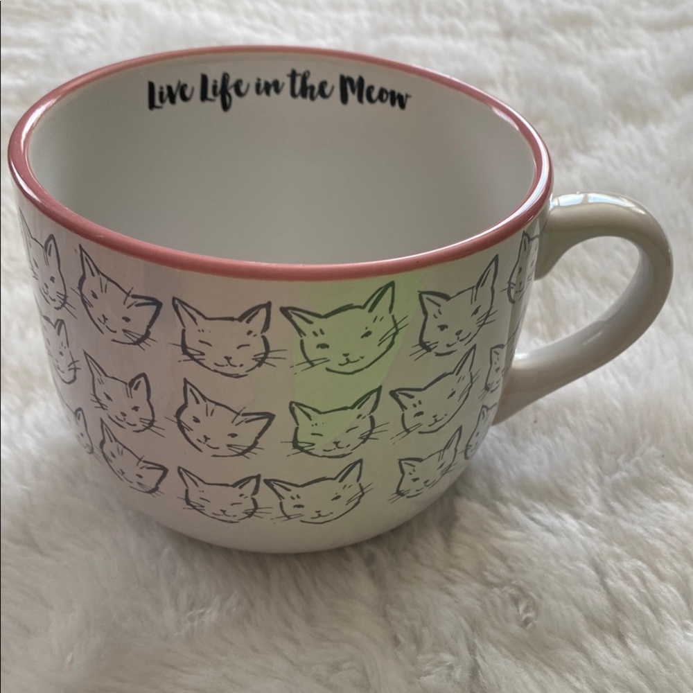 Cat Print Mug with Pink Rim “Live Life In The Meow”